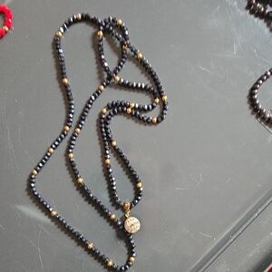 Elegant Black Diamond and Gold Spacer Necklace with Pave Pendant 36"